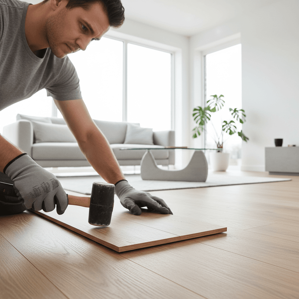 Craftsman installing a laminate floor plank in a bright modern living room
