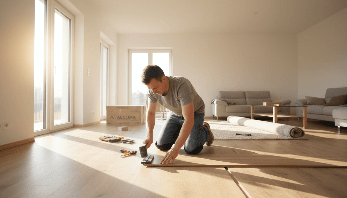 Professional flooring installer fitting laminate planks in a bright living room
