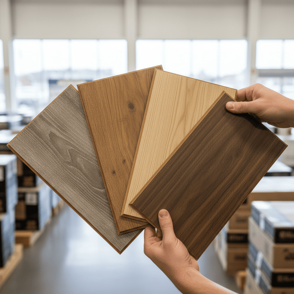 Hands holding laminate flooring samples