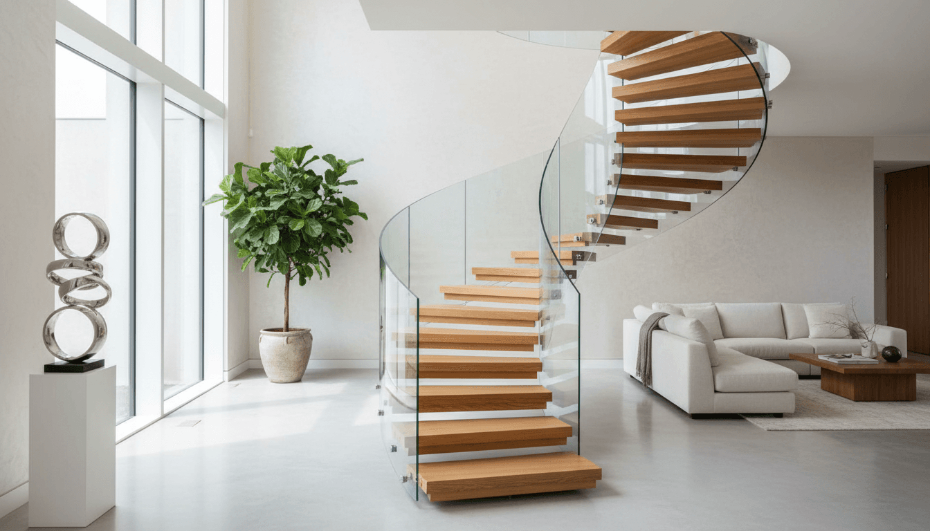 Renovated wooden staircase with glass railing in a contemporary home interior