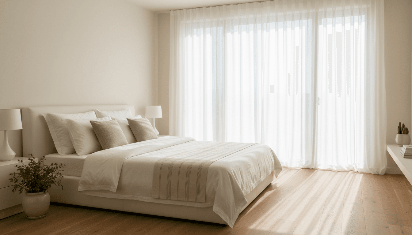 Bedroom with professionally hung curtains