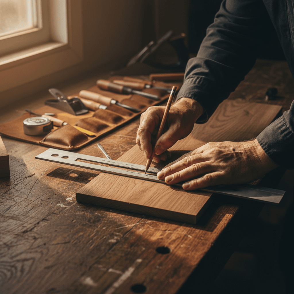 Skilled craftsman measuring a wooden floor in a bright modern living room