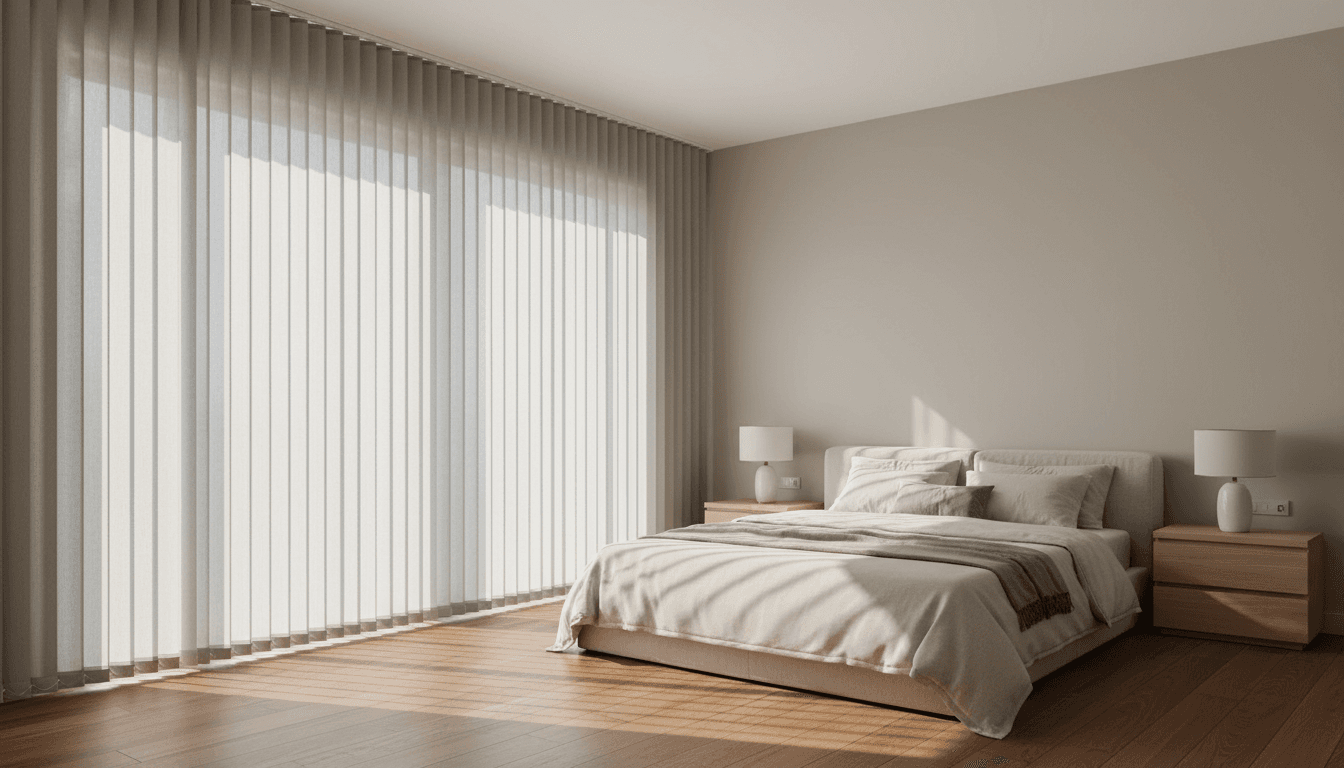 Modern white wooden blinds in a bright living room window