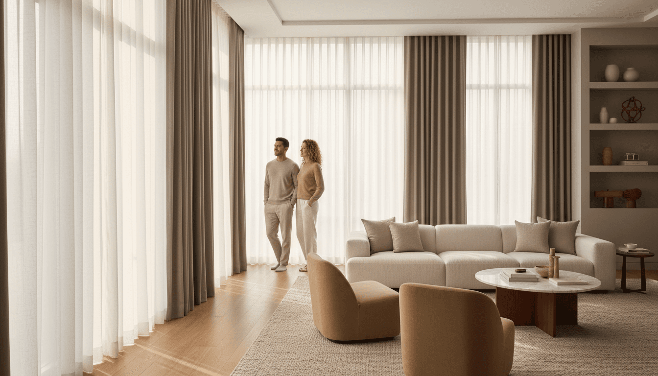Bright living room with large windows and sheer curtains letting in warm natural light