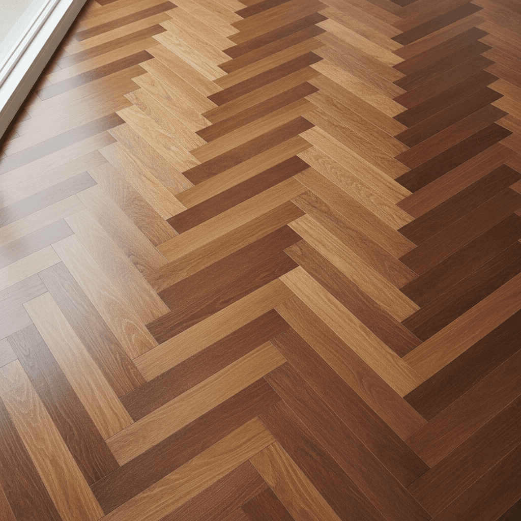 Herringbone oak floor in a bright living room