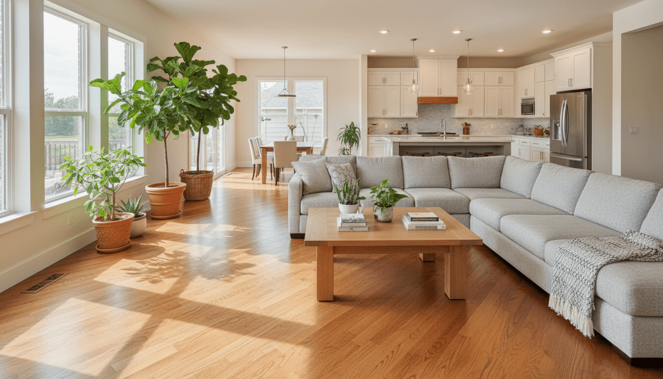 Warm engineered hardwood floor in a cozy living room