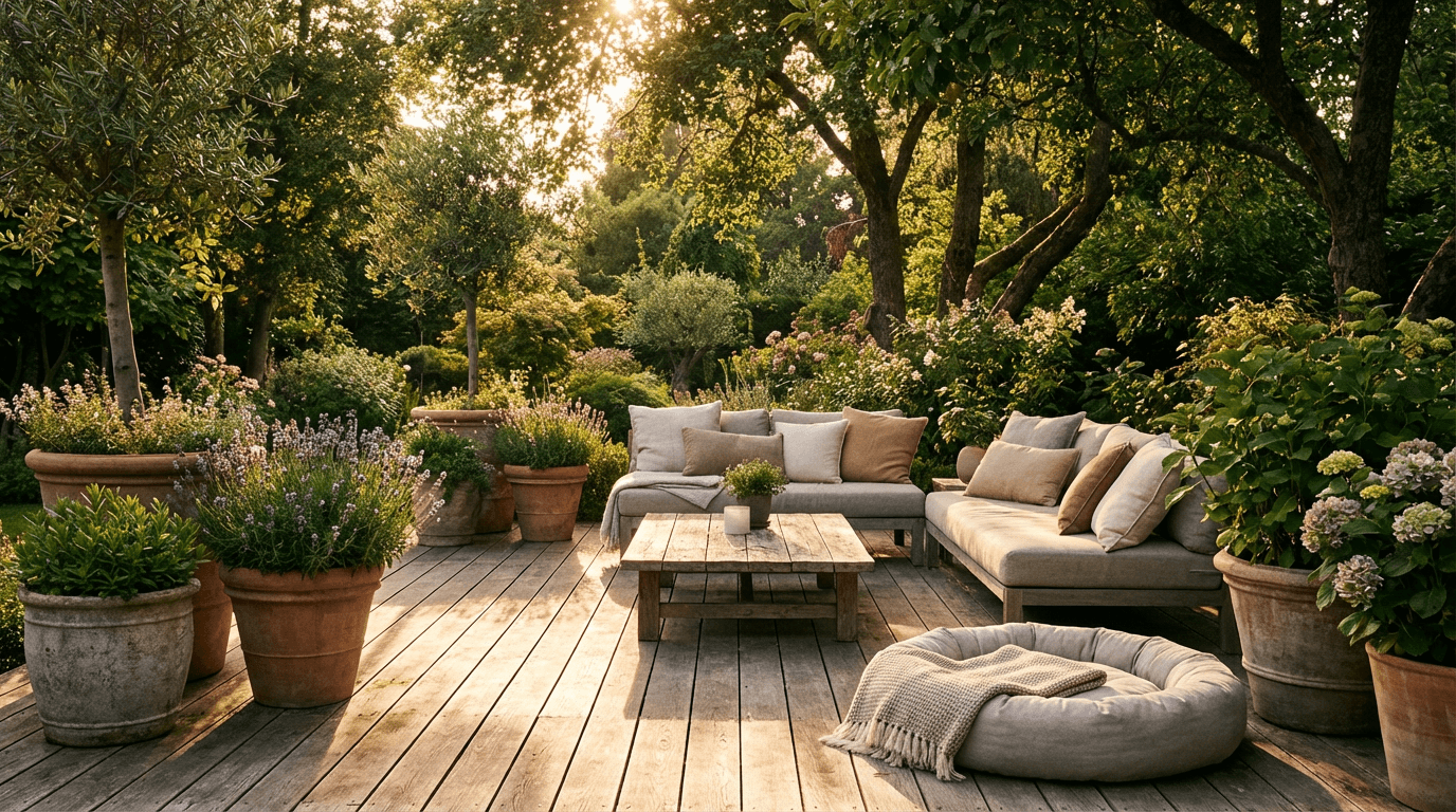 Outdoor terrace with a retractable sun screen providing shade in warm afternoon light