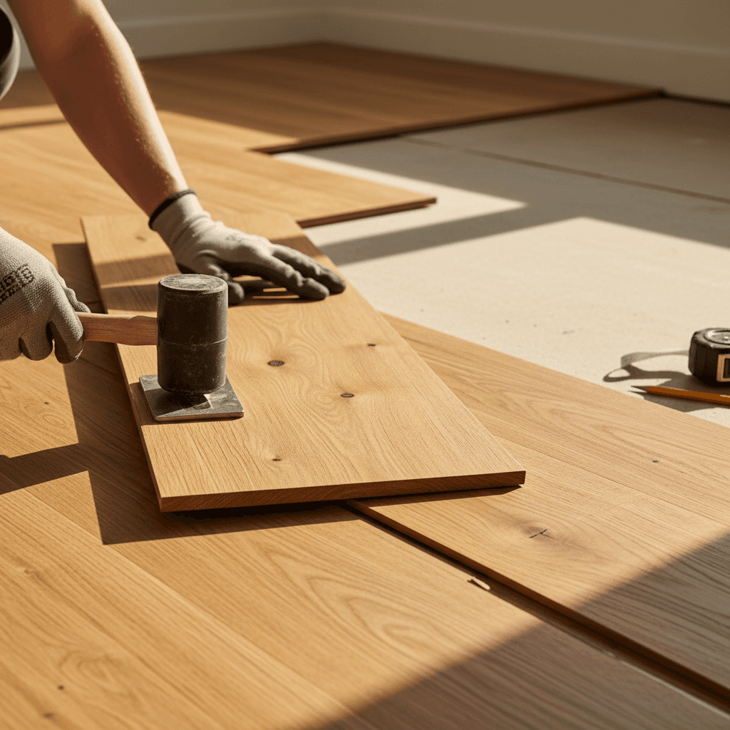 Craftsman hands installing hardwood flooring planks