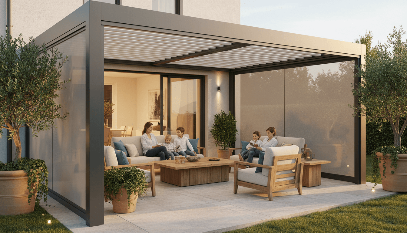 Outdoor sun screens on a house terrace in bright daylight