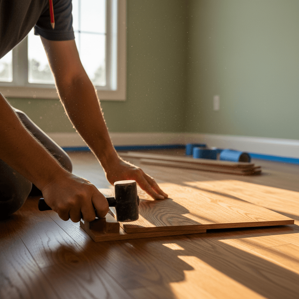 Hands presenting wood and PVC flooring samples in a bright living room
