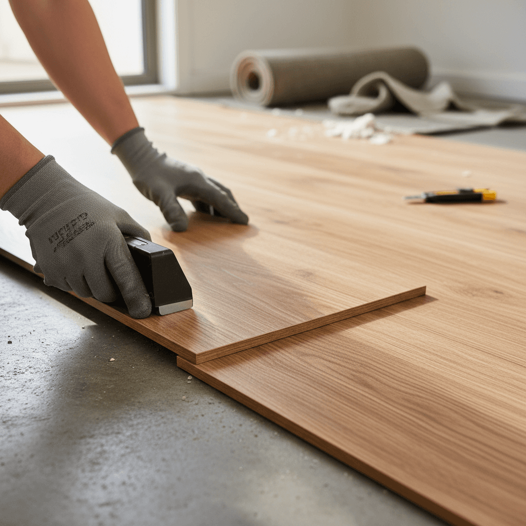Professional installer fitting a laminate plank into place in a bright living room