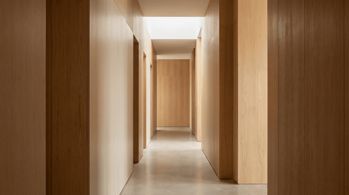Light laminate wood flooring in a modern apartment hallway