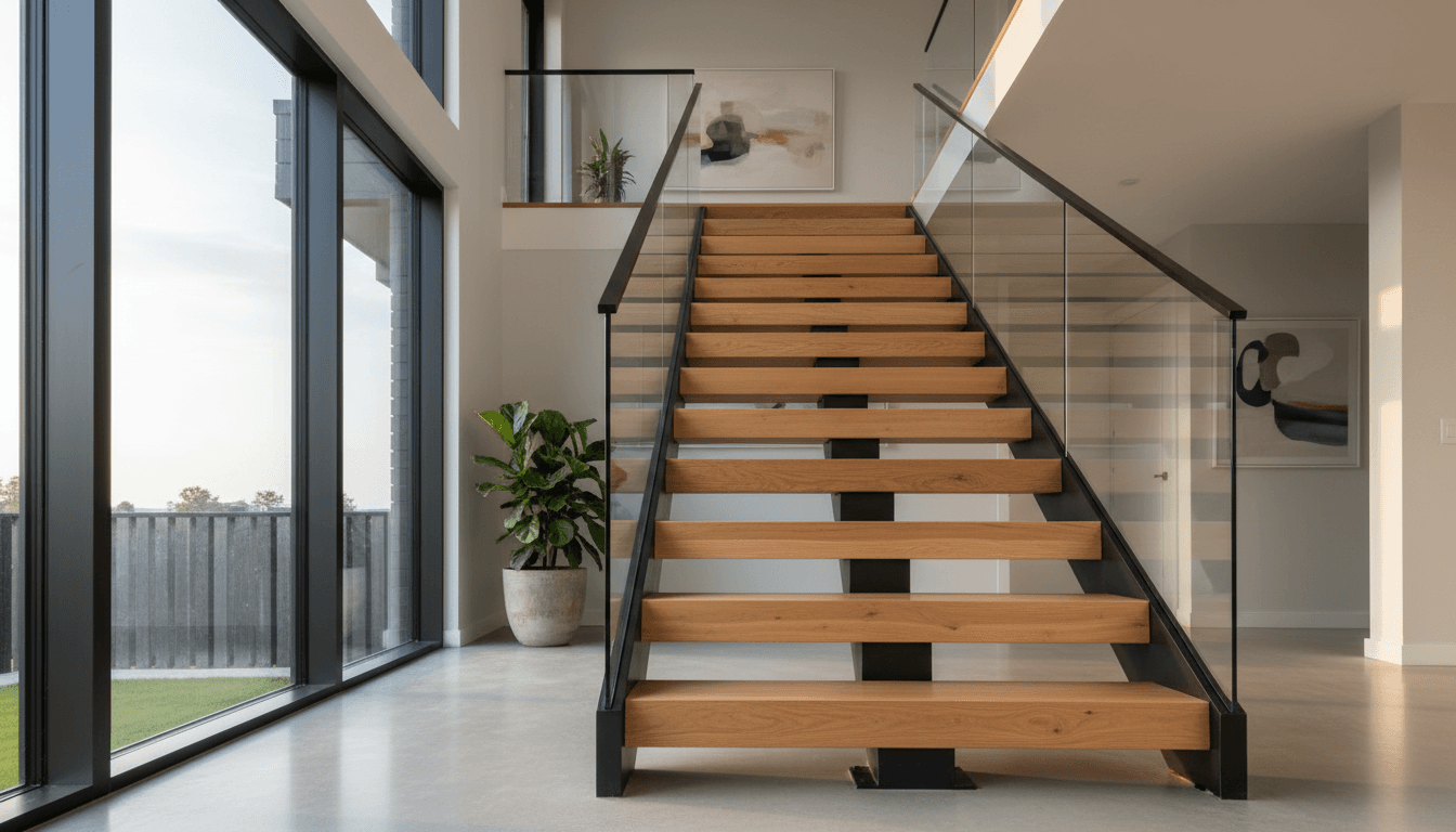Craftsman measuring wooden stairs in a bright modern home