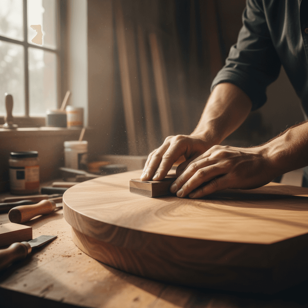 Craftsman sanding a wooden stair tread by hand