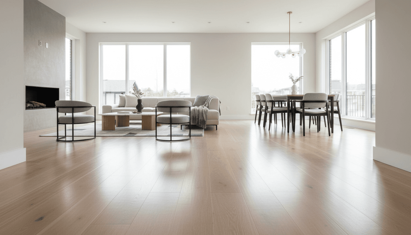 Modern living room with newly installed oak wood floor
