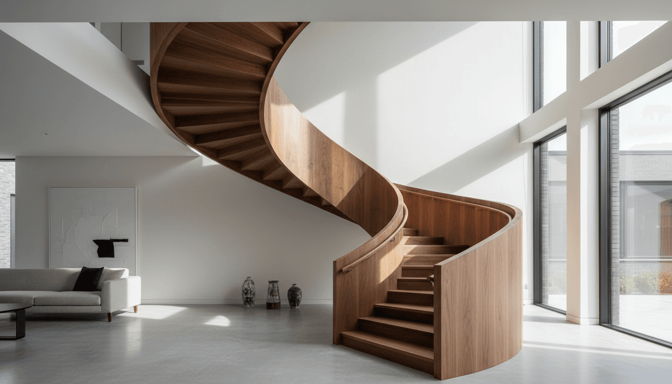 Renovated wooden staircase in a bright modern home