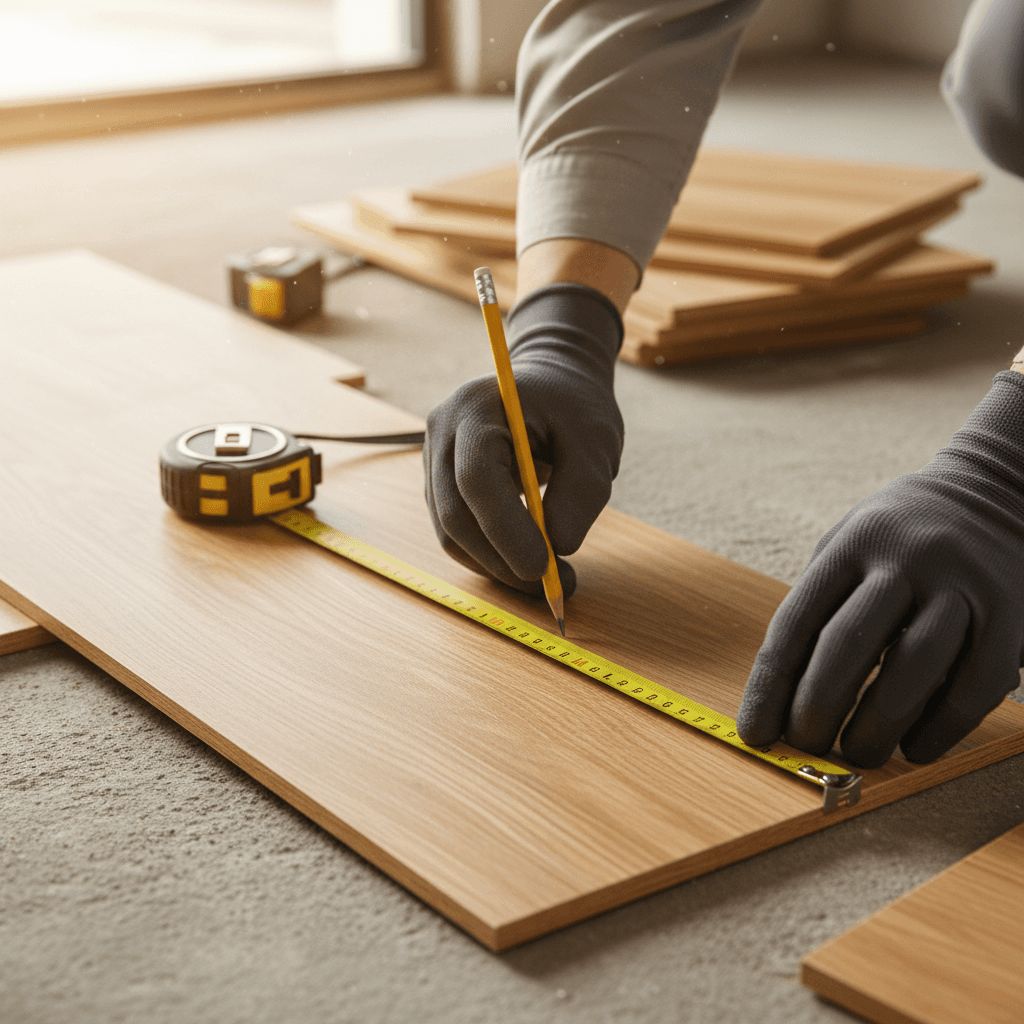 Craftsman measuring a wooden floor in a bright living room during installation