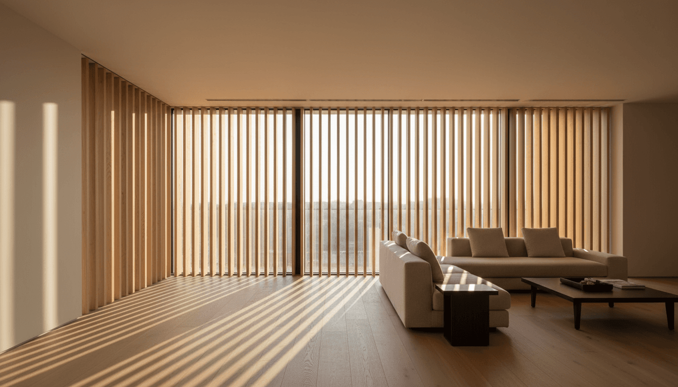 Elegant white blinds on a large window in a modern living room