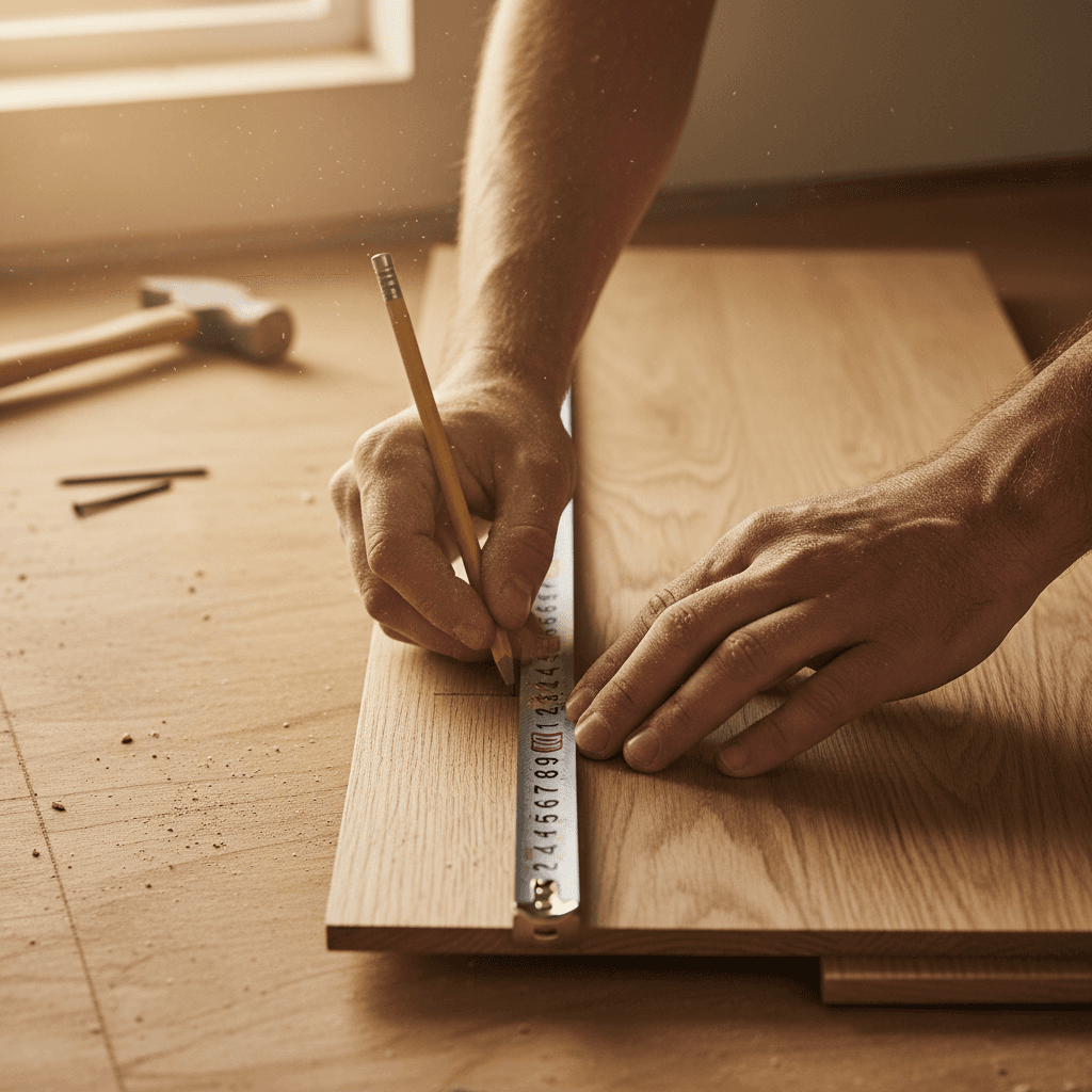Flooring specialist measuring a room during an in-home consultation